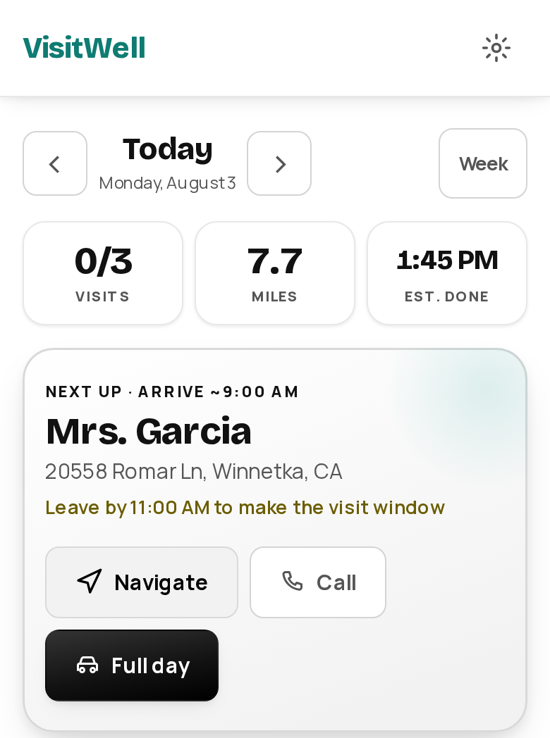 Today screen: route stats, next patient card with leave-by time, and the day's map